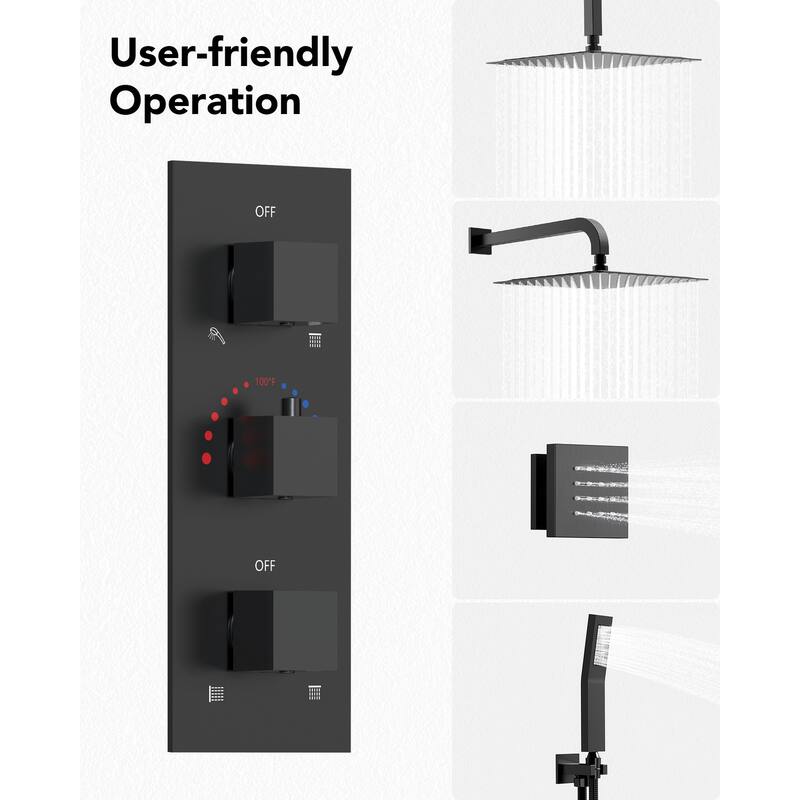 Thermostatic Dual Heads Shower Kit 12" Rainfall Shower Faucet, Hand